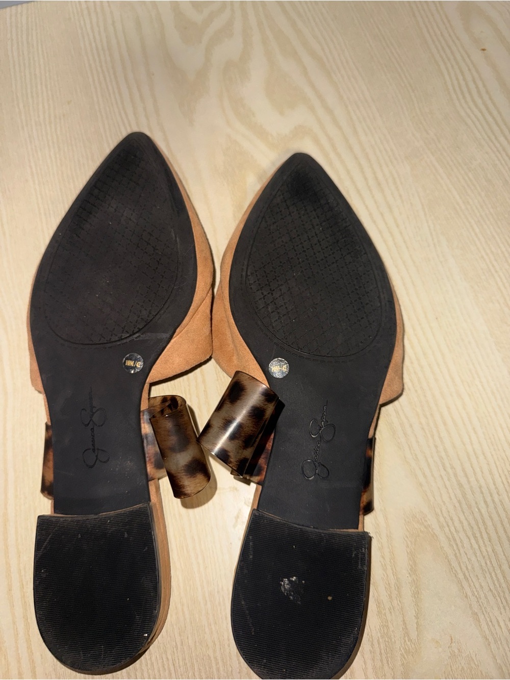 Jessica Simpson Tan Suede Pointed-Toe Slides with Leopard Strap - Picture 3 of 4